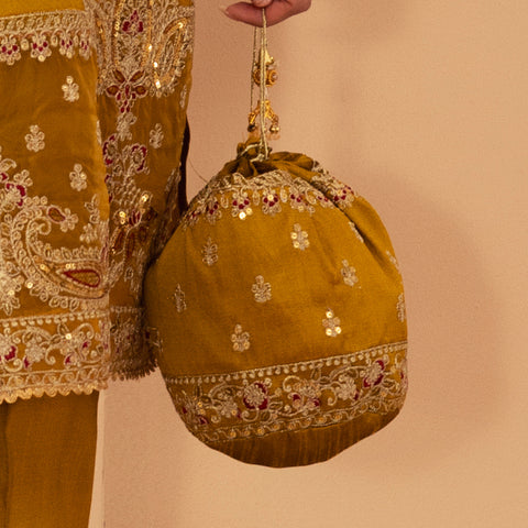 BMGS-25 EMBROIDERED RAW SILK BAGS (MUSTARD)