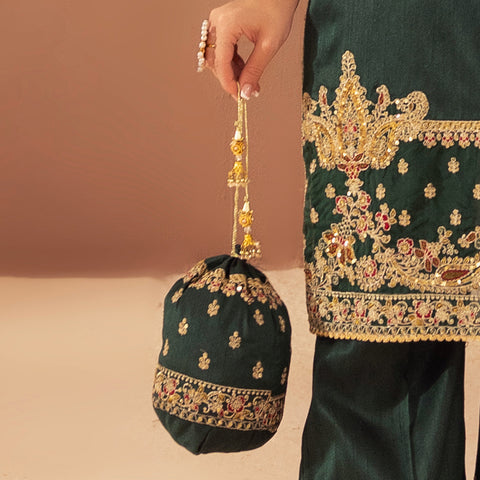 BMGS-26  EMBROIDERED RAW SILK BAGS (GREEN)