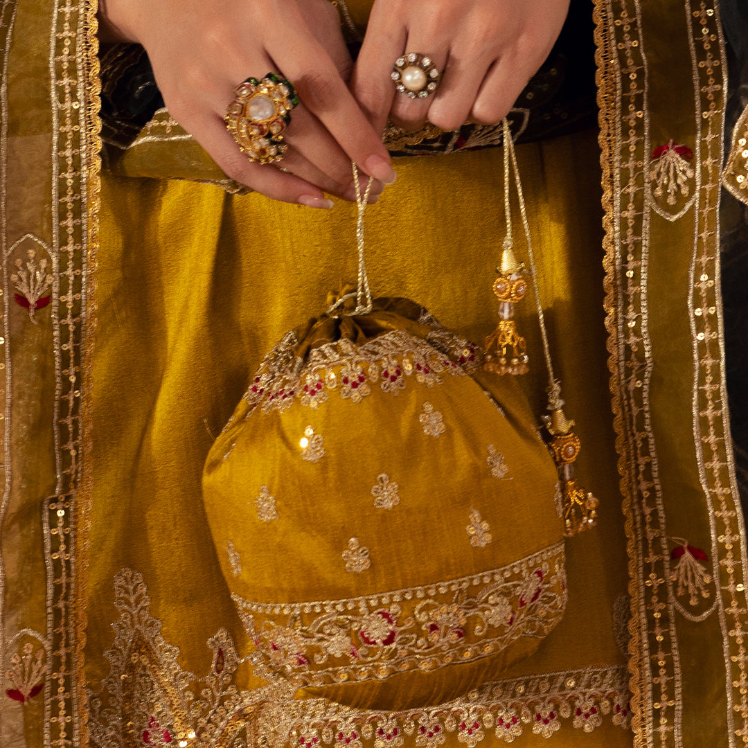 BMGS-25 EMBROIDERED RAW SILK BAGS (MUSTARD)