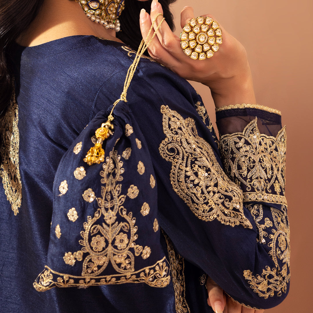 BMGS-27 EMBROIDERED RAW SILK BAGS (NAVY BLUE)