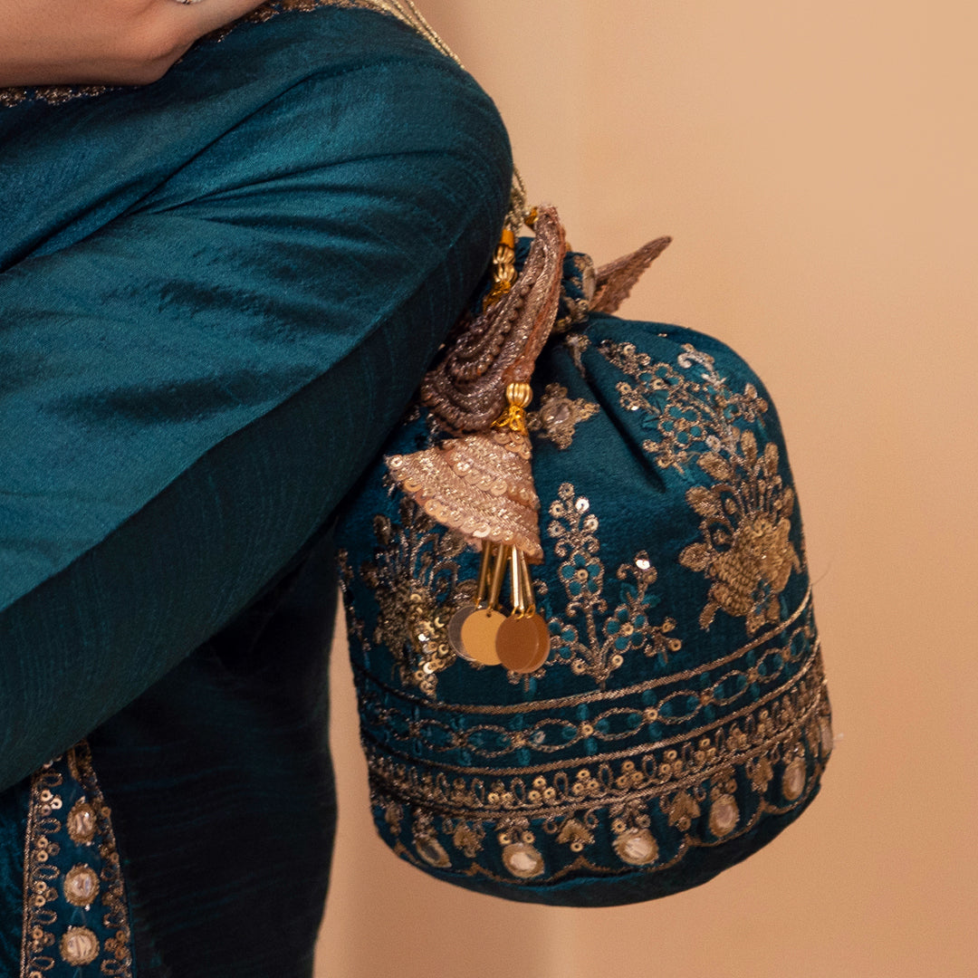 BMGS-21 EMBROIDERED RAW SILK BAGS  (TEAL BLUE)