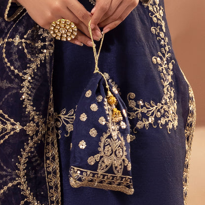 BMGS-27 EMBROIDERED RAW SILK BAGS (NAVY BLUE)