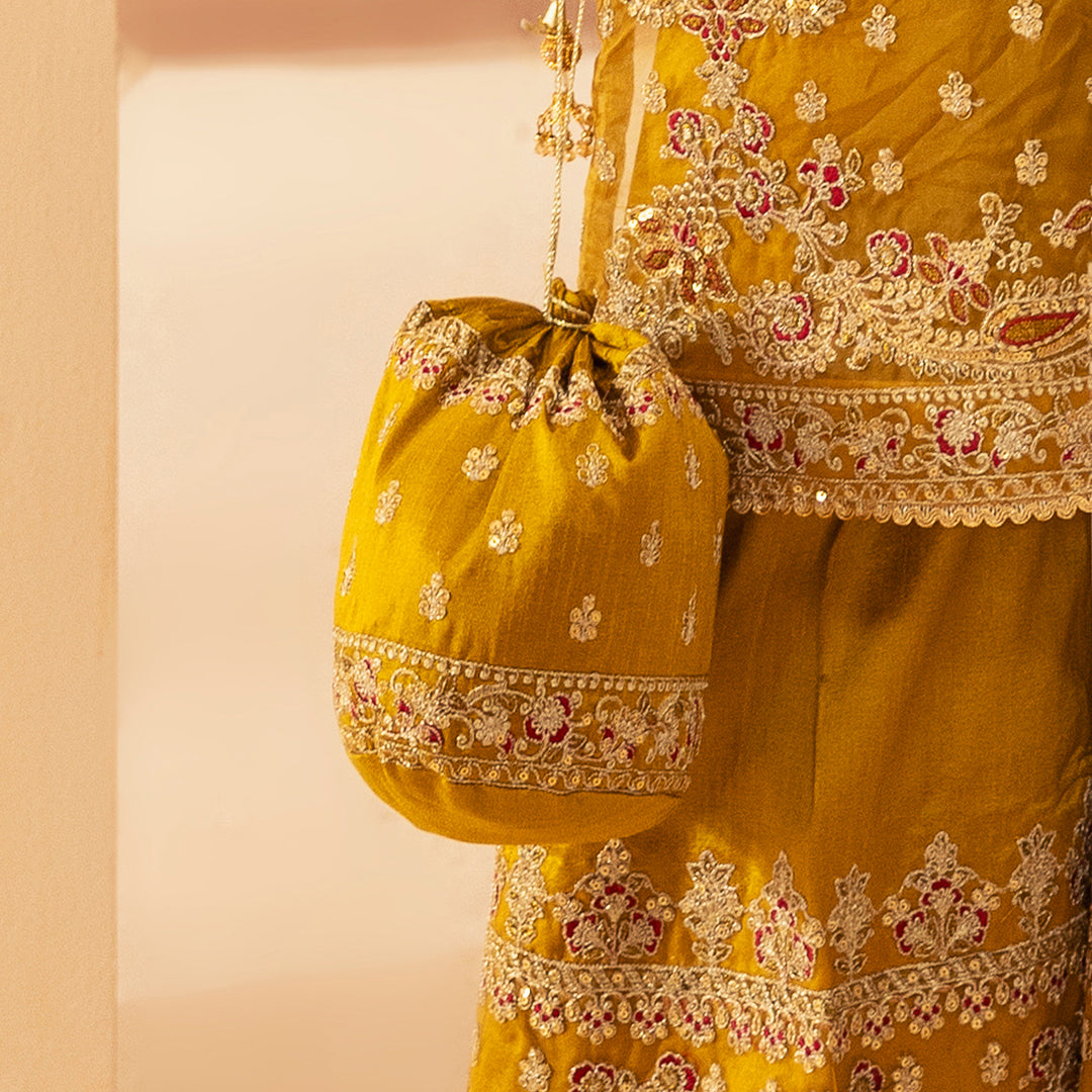 BMGS-25 EMBROIDERED RAW SILK BAGS (MUSTARD)