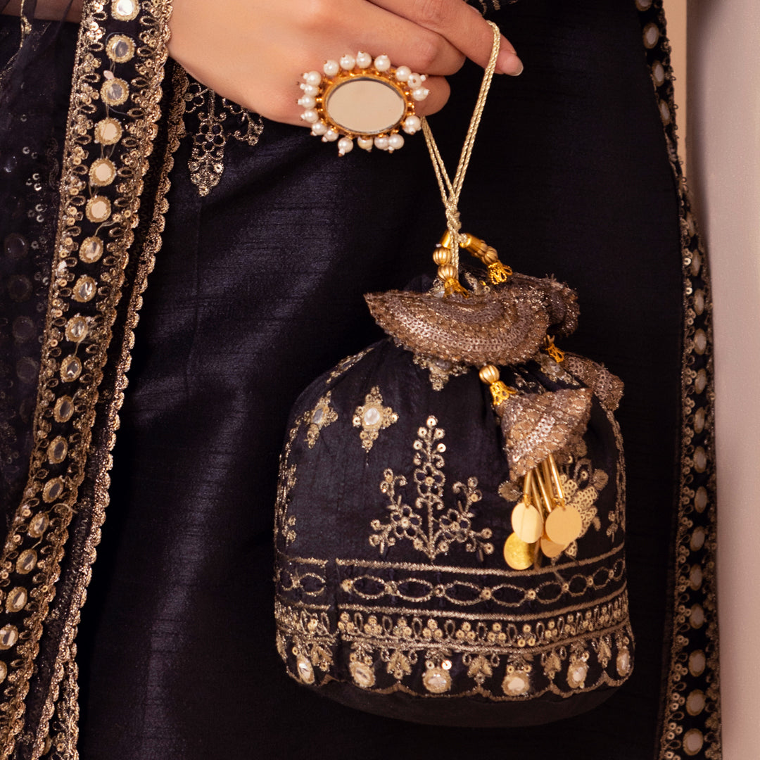 BMGS-22 EMBROIDERED RAW SILK BAGS (BLACK)