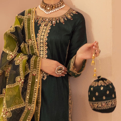 BMGS-26  EMBROIDERED RAW SILK BAGS (GREEN)