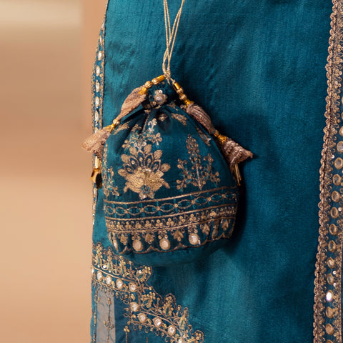 BMGS-21 EMBROIDERED RAW SILK BAGS  (TEAL BLUE)