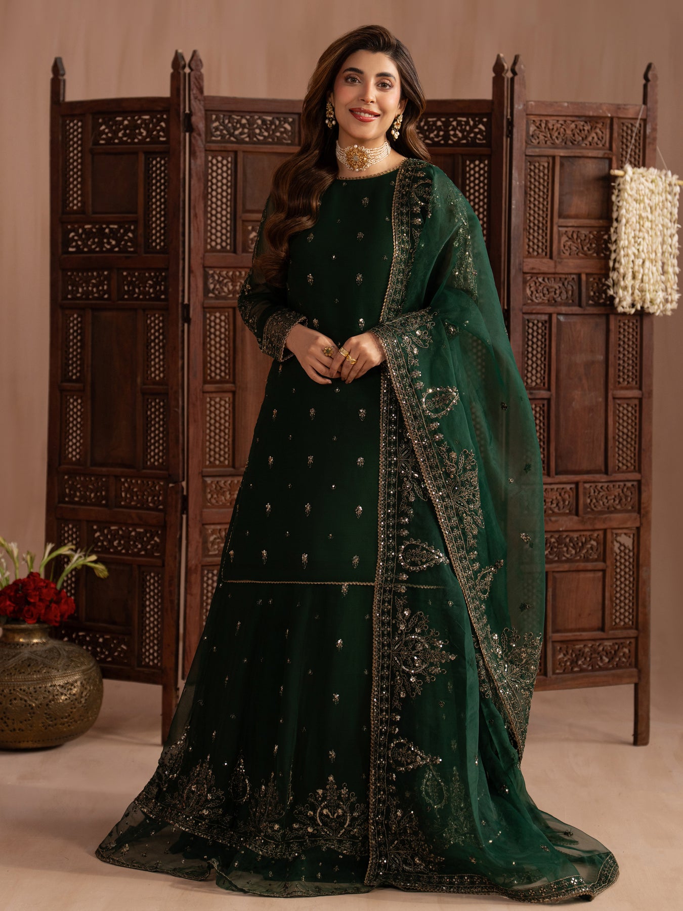 Stitched suit designs featuring chiffon dresses embroidery