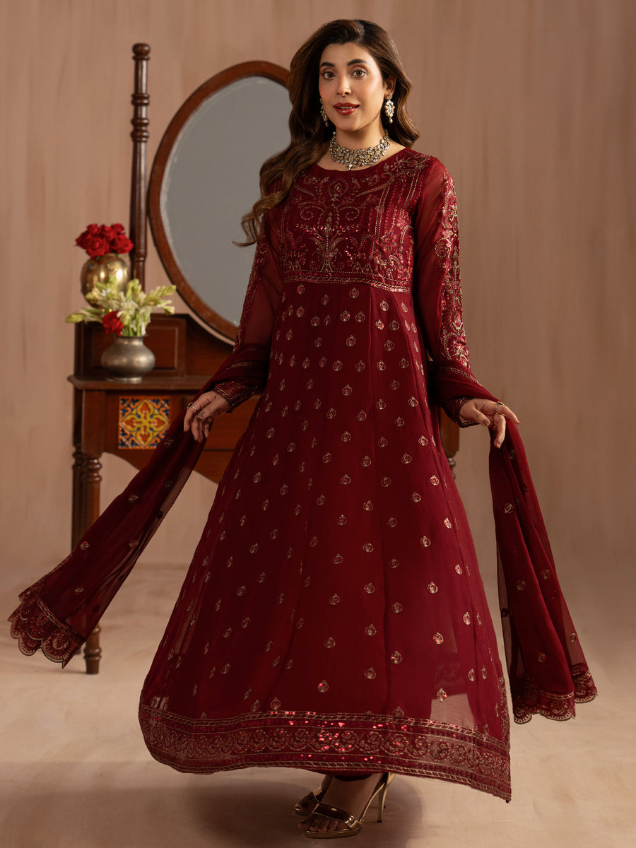 Stitched suit designs featuring chiffon dresses embroidery