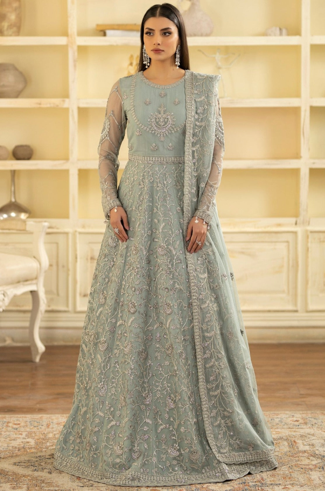 Georgette Wedding Wear Readymade Gown In Light Green With Sequence Work -  Anarkali Suits - Suits & Sharara
