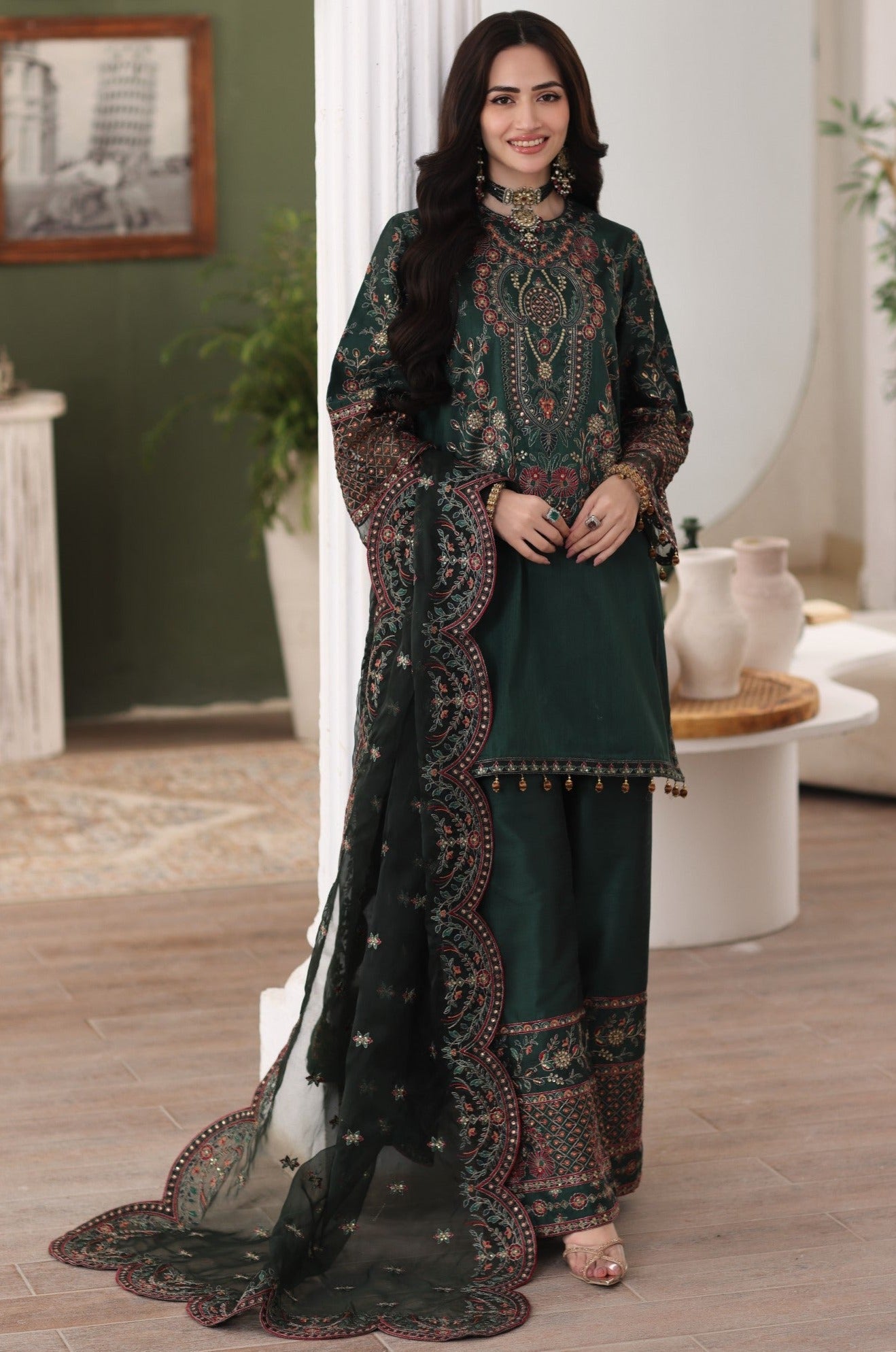 Maria B, unstiched 3 piece kataan silk frock style embroidered suit-RL –  Riwayati Libass