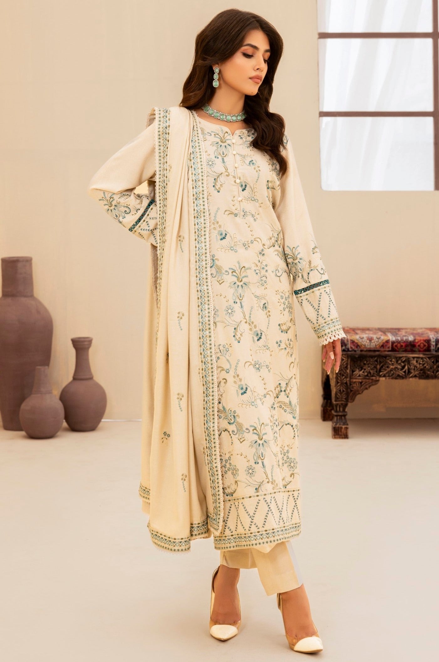 MWS-07 PEACH WOOL EMBROIDERED 3PC